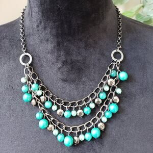 Womens Silver Tone Chain Green Beaded Charm Necklace Jewelry with Lobster Clasp
